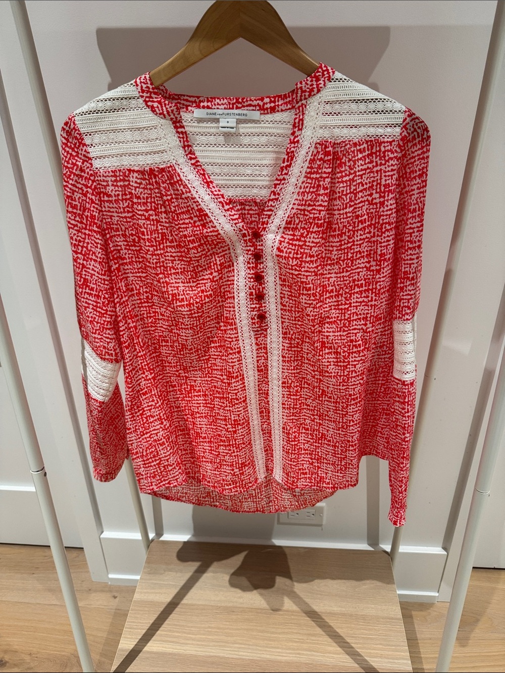 Diane Von Furstenberg Red & White Crochet-Trim V-Neck Blouse